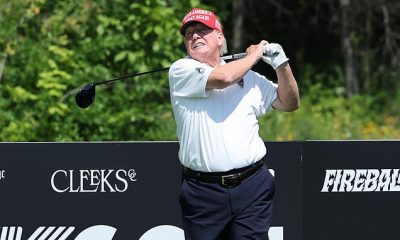 Donald Trump smashes tee shot at Bedminster for LIV Golf Pro-Am at the leading Republican presidential candida